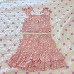 Papaya Light Pink Mauve / White Floral Ruched Skirt Set w/ Bow Straps